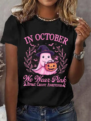 Women's In October We Wear Pink Halloween Ghost Breast Cancer Awareness Warrior Tee