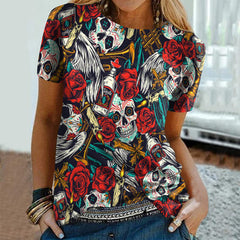 Skull Rose Print Short Sleeve T-Shirt