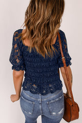 Women's Chic Blue Lace Ruffled Shirred Top