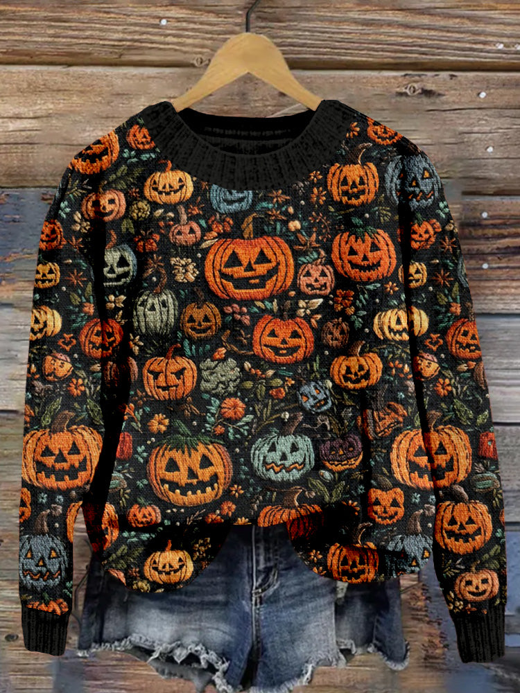 Spooky Embroidered Jack O Lanterns Cozy Sweater