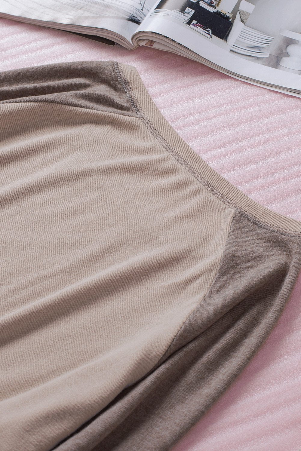 Women's Casual Khaki Color Block Raglan Long Sleeve Top