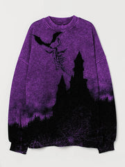 Halloween Spooky Castle Dark Forest Silhouette Washed Sweatshirt