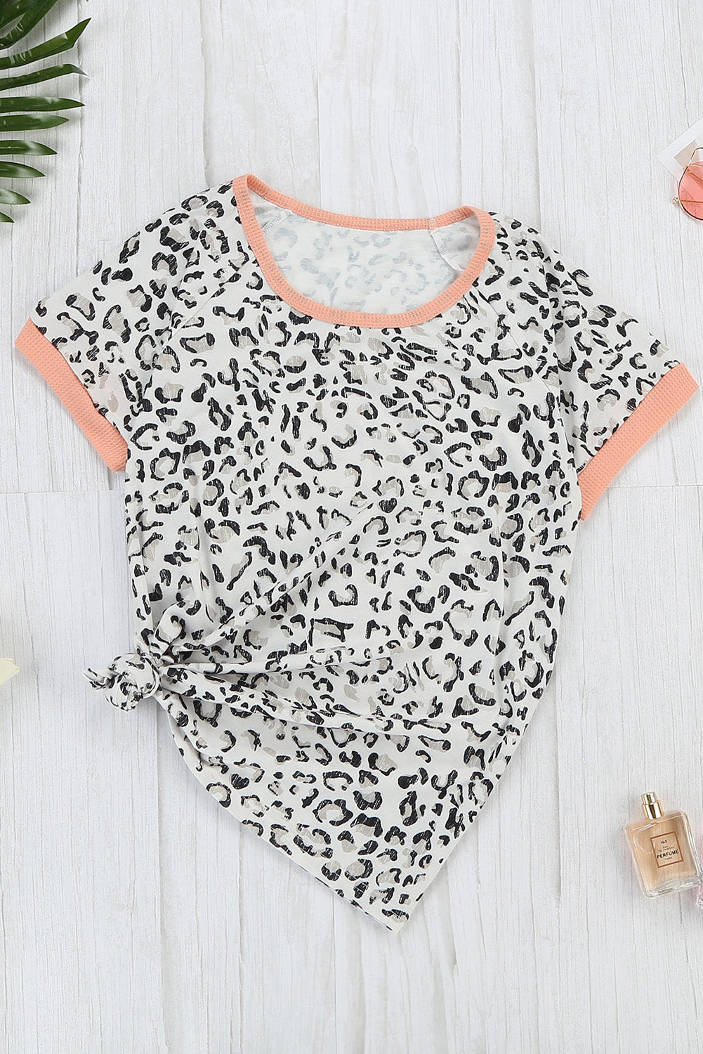 Women's Casual Pink Trim Leopard Short Sleeve Tee