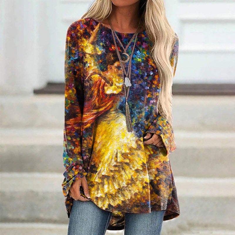 Oil Painting Ballerina Print Long Sleeve Tunic