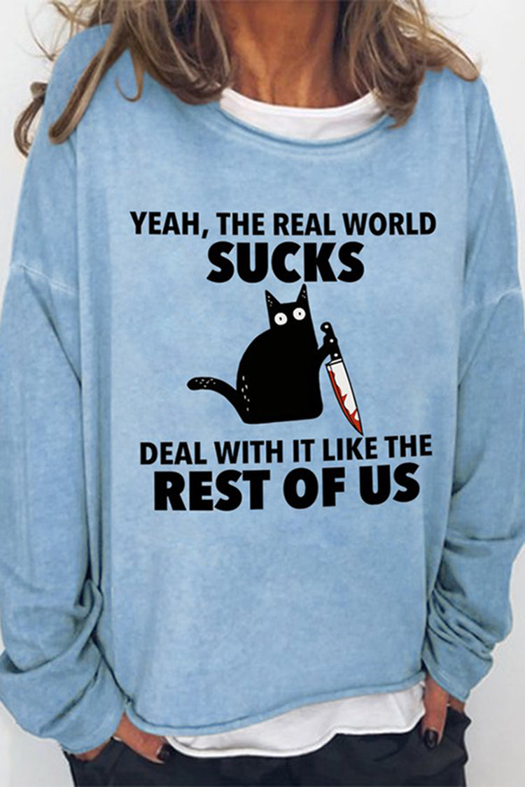 Cat Print Crew Neck Long Sleeve Casual Sweatshirt
