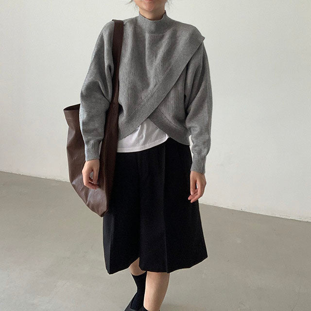Loose Irregular Cross Knitted Sweater With Standing Collar