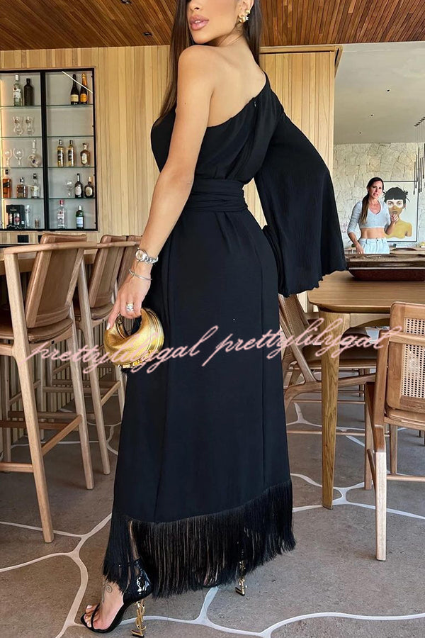 Solid Color One-sleeve Waisted Lace-up Fringed Hem Elegant Maxi Dress