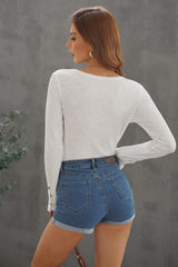 Women's Casual White Crewneck Buttons Ribbed Knit Long Sleeve Top