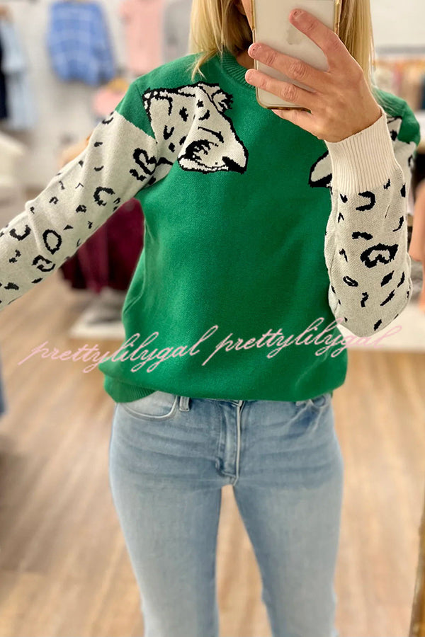 Always Spot Leopard Print Crew Neck Long Sleeve Sweater