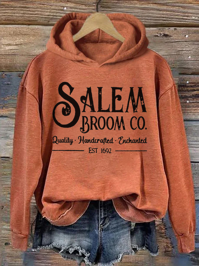 Women's Salem Broom Co Quality Handcrafted Enchanted Est 1692 Printed Round Neck Long Sleeve Hoodie