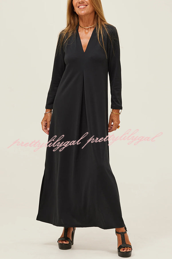 Solid Color V-neck Casual Slit Maxi Dress