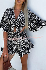 Zebra Print Ruffled Sleeves Dropped Sleeves V Neck Tie High Waist Romper