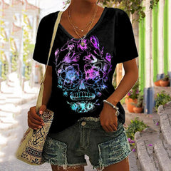 Floral Gradient Skull Print Short Sleeve T-Shirt