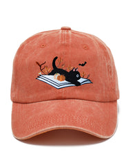 Halloween Black Cat & Pumpkin Embroidered Print Hat
