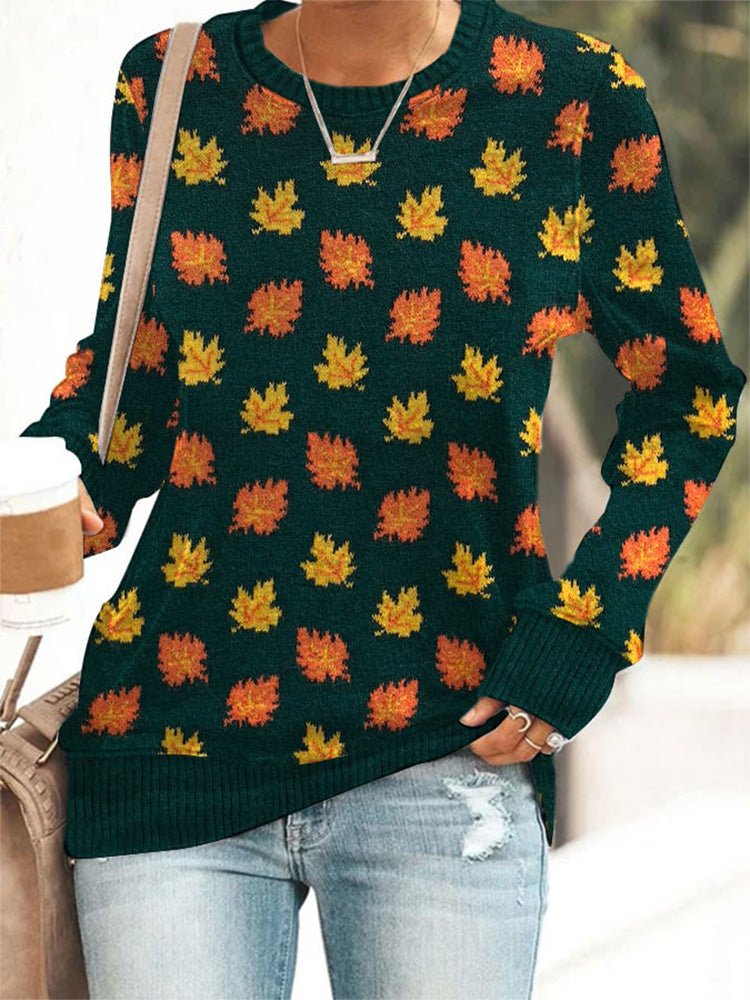 Women's Halloween Maple Leaf Design Printed Crew Neck Top