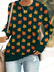 Women's Halloween Maple Leaf Design Printed Crew Neck Top