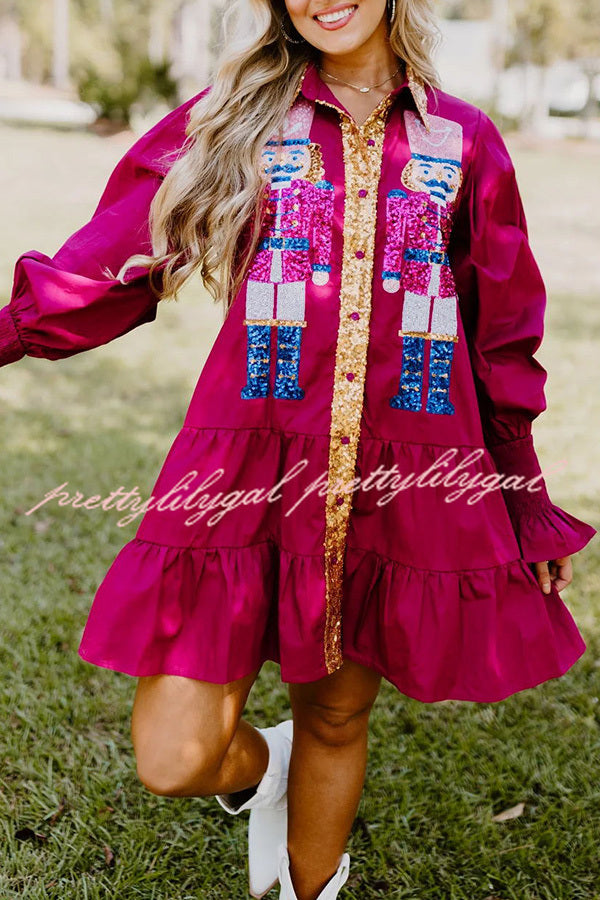 Nutcracker Sequined Button Down Long Sleeve Mini Dress