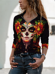 Day Of The Dead Flower Skull Print Lapel T Shirt