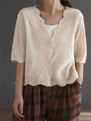 Leaves Embroidered Floral Hem Linen Cardigan