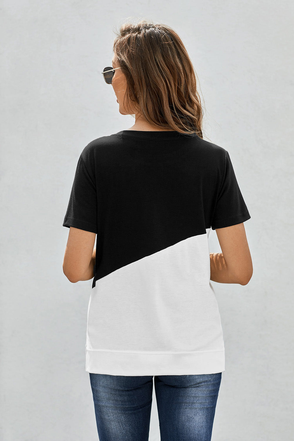 Women's Black Crew Neck Colorblock Short Sleeve Tee