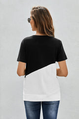 Women's Black Crew Neck Colorblock Short Sleeve Tee