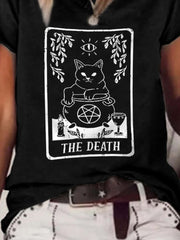 The Death Cat Print Casual Crew Neck Short Sleeve T Shirt