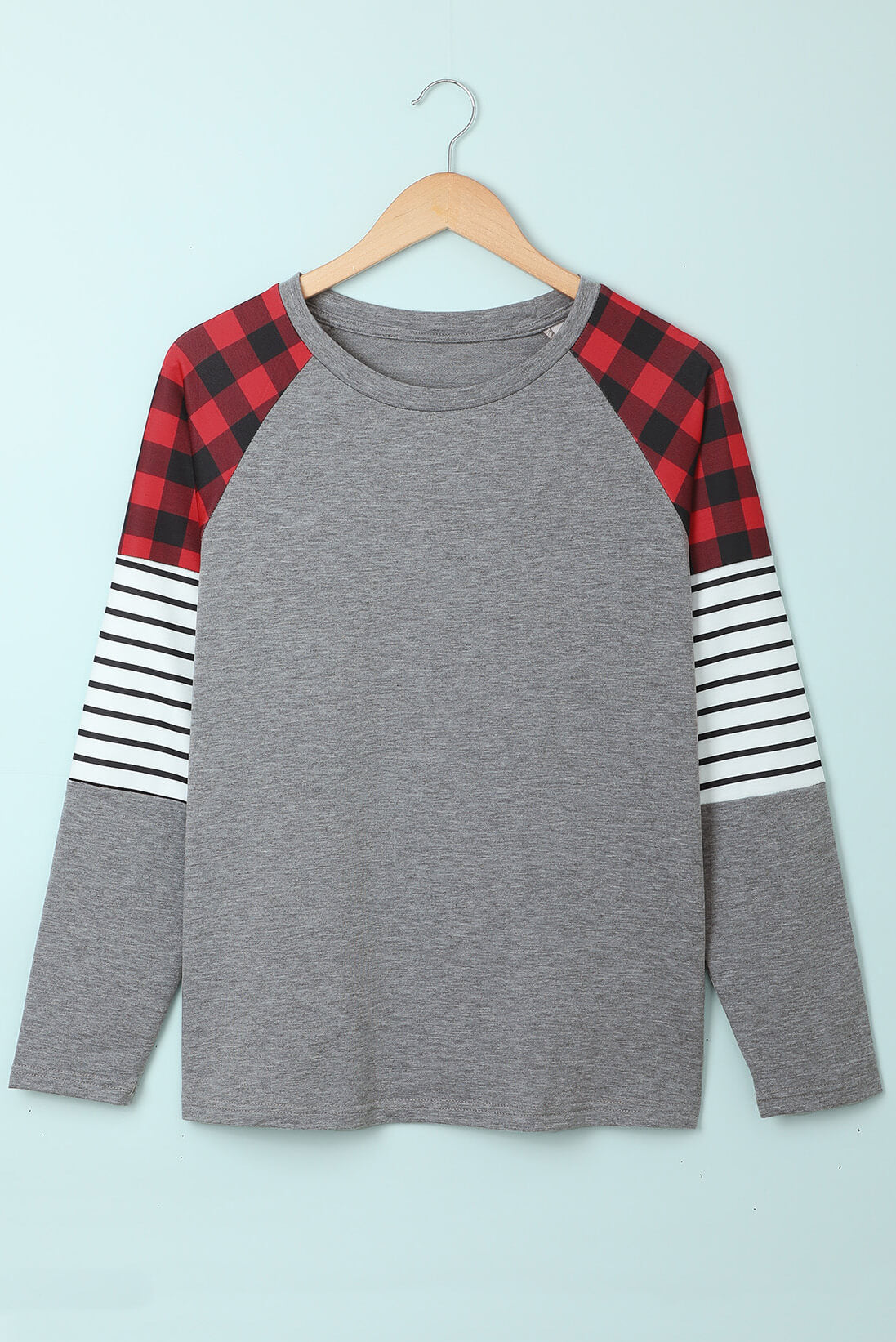 Women's Casual Gray Buffalo Plaid & Stripe Splicing Long Sleeve Top
