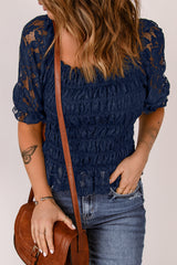 Women's Chic Blue Lace Ruffled Shirred Top