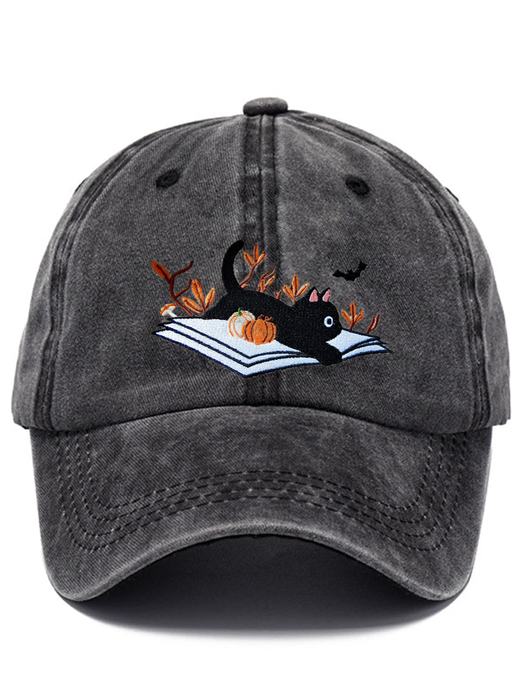 Halloween Black Cat & Pumpkin Embroidered Print Hat