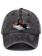 Halloween Black Cat & Pumpkin Embroidered Print Hat