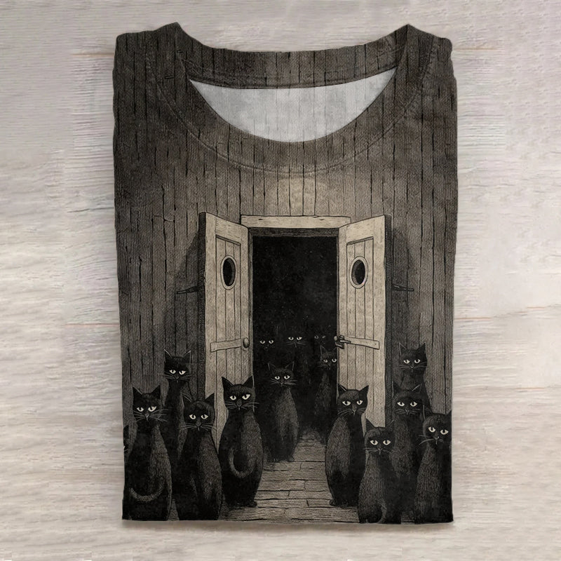 Vintage Quirky And Ominous Cat Print Round Neck Casual T-Shirt