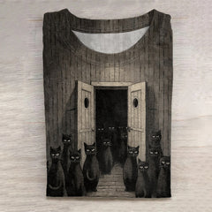 Vintage Quirky And Ominous Cat Print Round Neck Casual T-Shirt