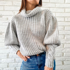 Puffed sleeves loose slouchy high neck knit top