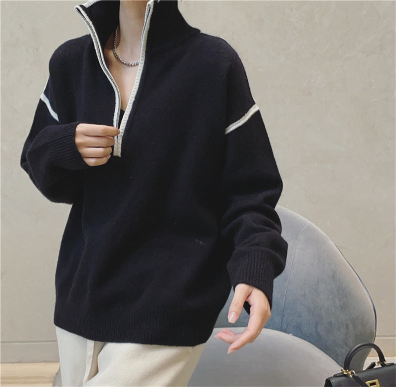 Stand Collar Zip Colorblock Loose Fashion Sweater