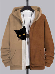 Men's Fun Hide And Seek Black Cat Print Hooded Zip-Up Jacket