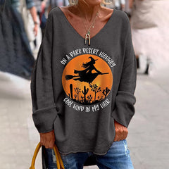 Women's Funny Halloween On A Dark Desert Highway Cool Wind In My Hair Casual V-Neck Long-Sleeve Top