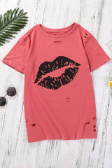 Women's Kiss The Lip Distressed Red Cotton Short Sleeve Tee
