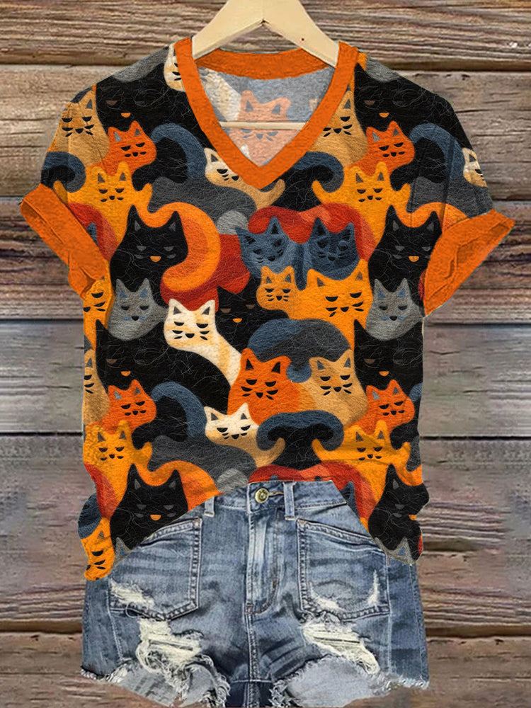Felt Art Cat Pattern V-Neck Short Sleeve T-Shirt