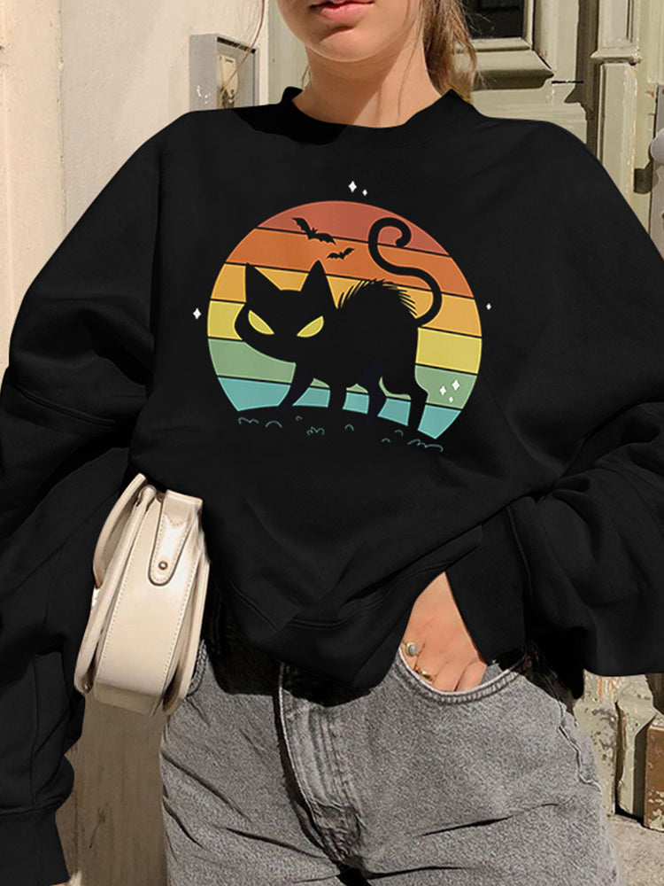 Bat Cat Print Long Sleeve Sweatshirt