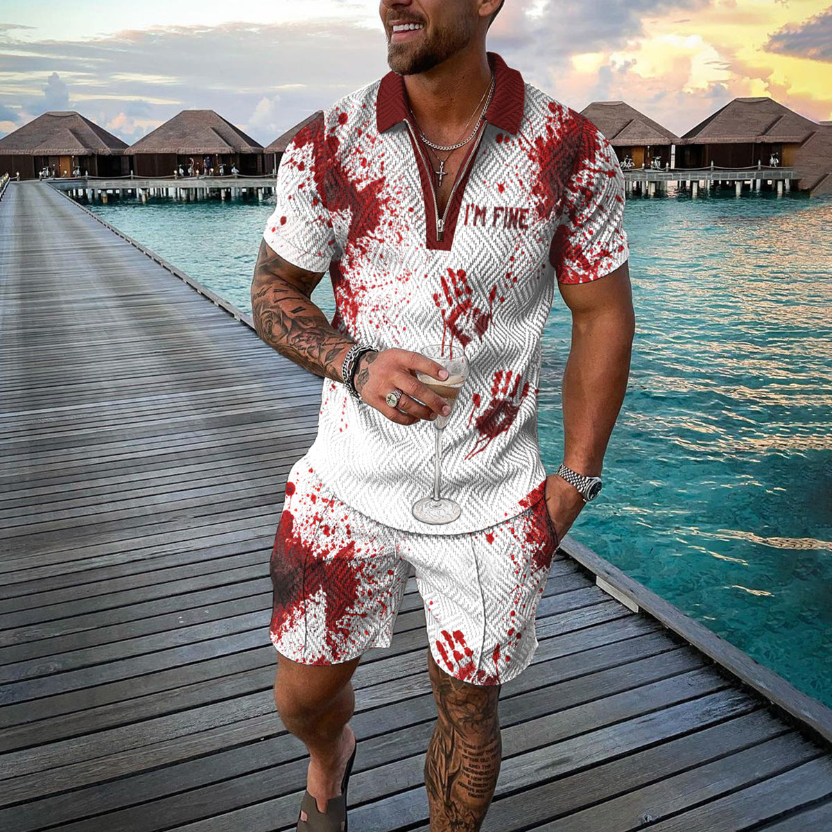Men's Halloween I'm Fine Print Short Sleeve Polo Shirt And Shorts Co-Ord