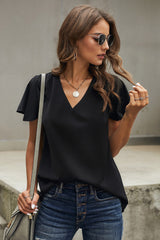 Women's Casual Black V Neck Short Sleeve Tee