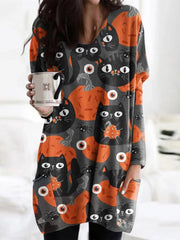 Pumpkin Cat Print Crew Neck Long Sleeve Casual Tunic