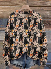 Halloween Black Cat Flower Art Print Knit Pullover Sweater
