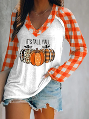 Halloween Bats Print V-neck Long Sleeve Casual T-Shirt