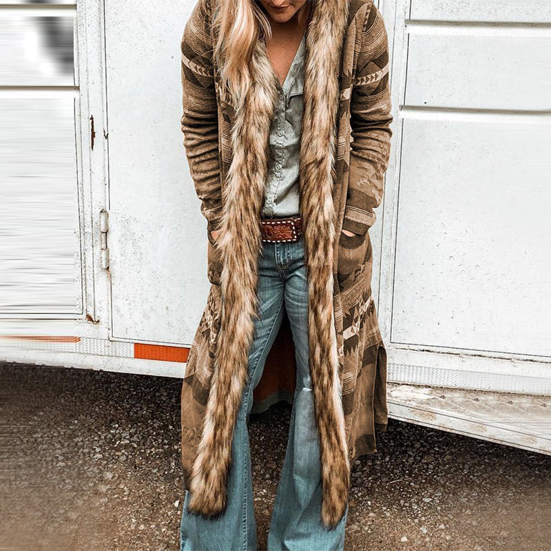 Western Style Retro Fur Collar Long Cardigan Jacket