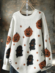 Pumpkin Ghost Halloween Print Knitted Pullover Sweater