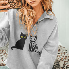 Skull Cat Print Zip Sweatshirt