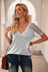 Women's Gray Sweet Side Lace Short Sleeve Deep V Neck T-shirt