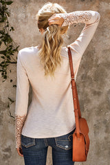 Women's Chic Beige Crochet Lace Hem Sleeve Button Top