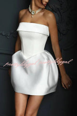 White Swan Lapel Off Shoulder Bubble Hem Mini Dress
